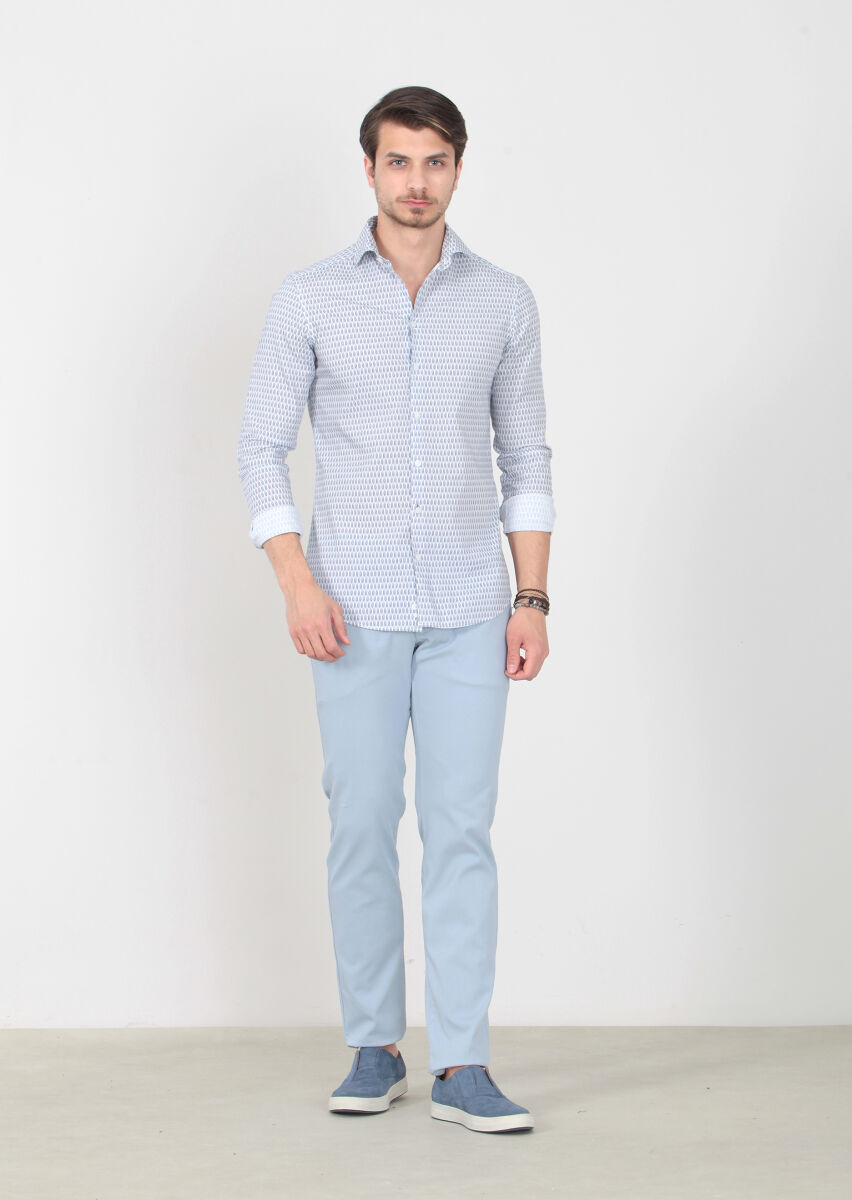 Lacivert Baskılı Slim Fit Uzun Dokuma Casual %100 Pamuk Gömlek - 1