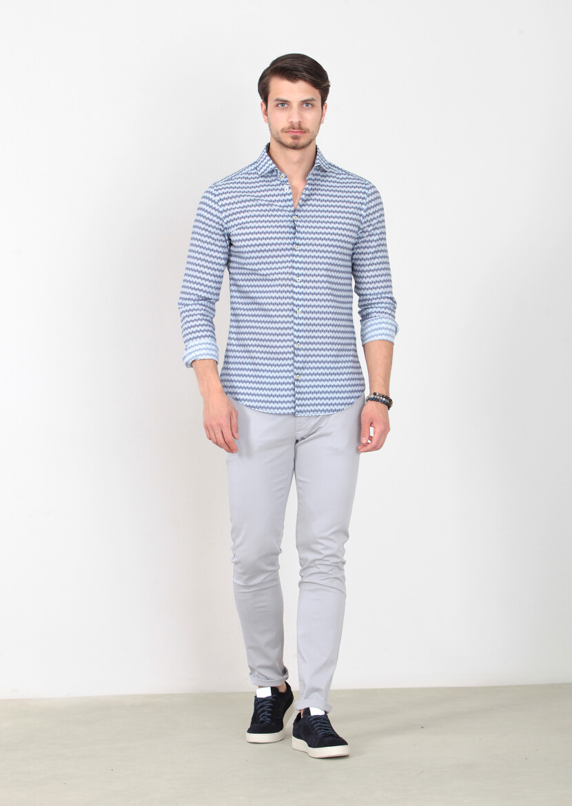 Lacivert Baskılı Slim Fit Uzun Dokuma Casual %100 Pamuk Gömlek 
