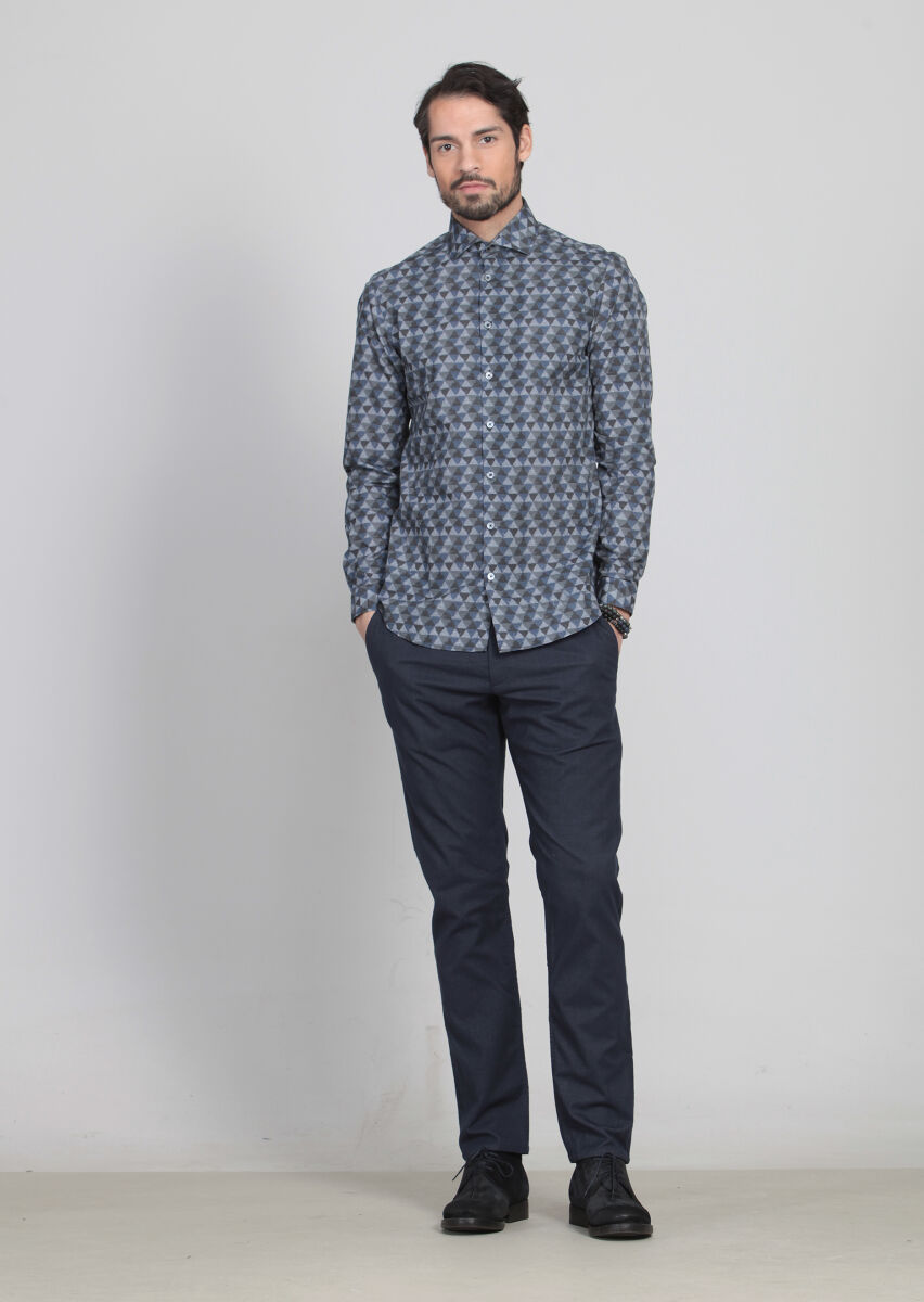 Lacivert Baskılı Slim Fit Uzun Dokuma Casual %100 Pamuk Gömlek - 1