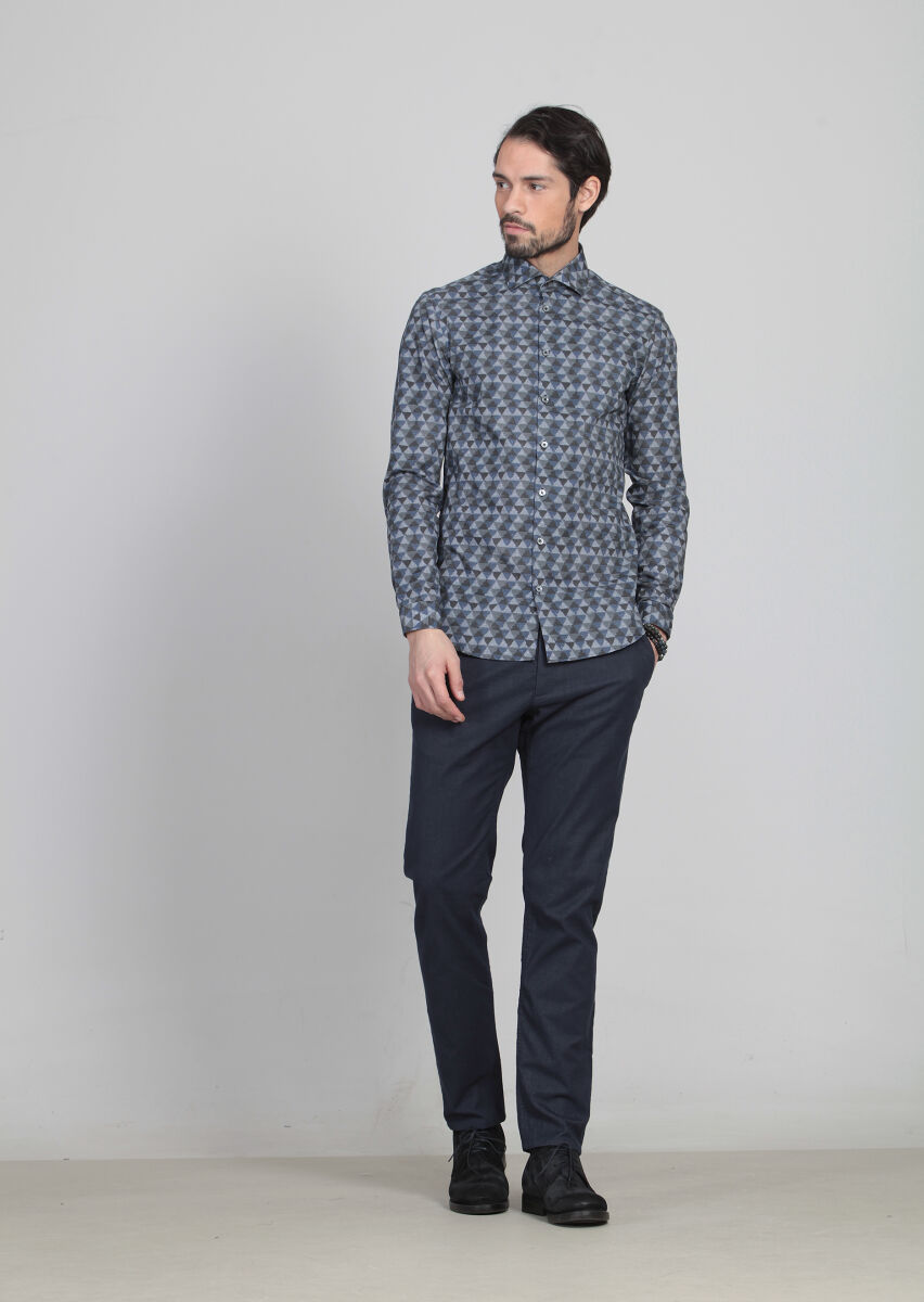 Lacivert Baskılı Slim Fit Uzun Dokuma Casual %100 Pamuk Gömlek - 2