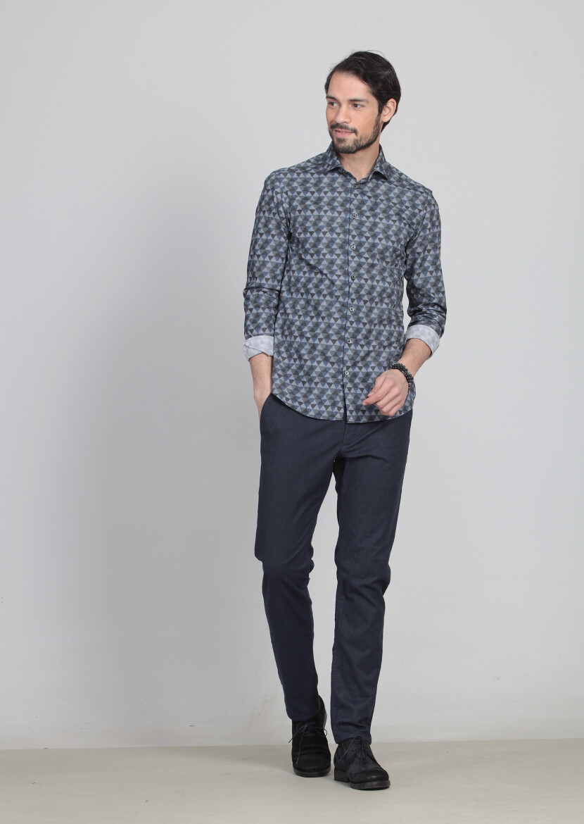 Lacivert Baskılı Slim Fit Uzun Dokuma Casual %100 Pamuk Gömlek - 4