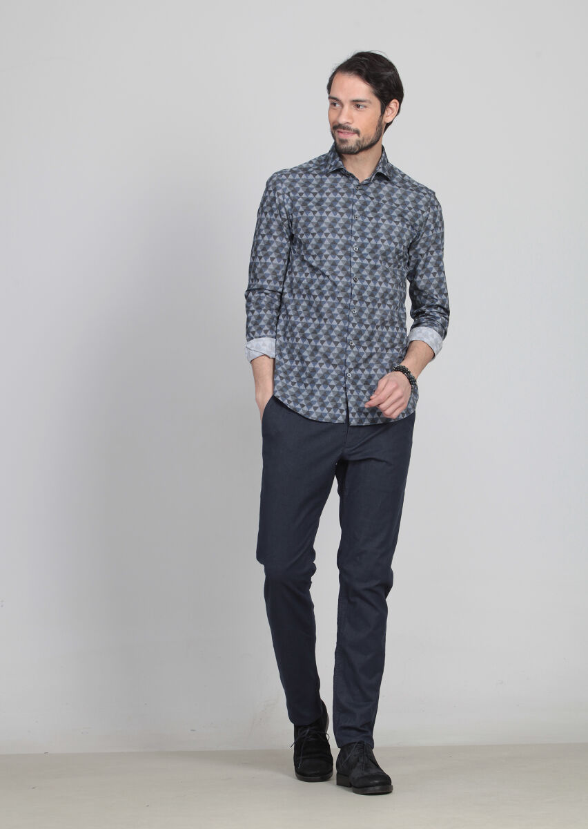 Lacivert Baskılı Slim Fit Uzun Dokuma Casual %100 Pamuk Gömlek - 4