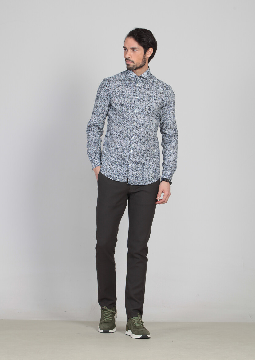 Lacivert Baskılı Slim Fit Uzun Dokuma Casual %100 Pamuk Gömlek - 1