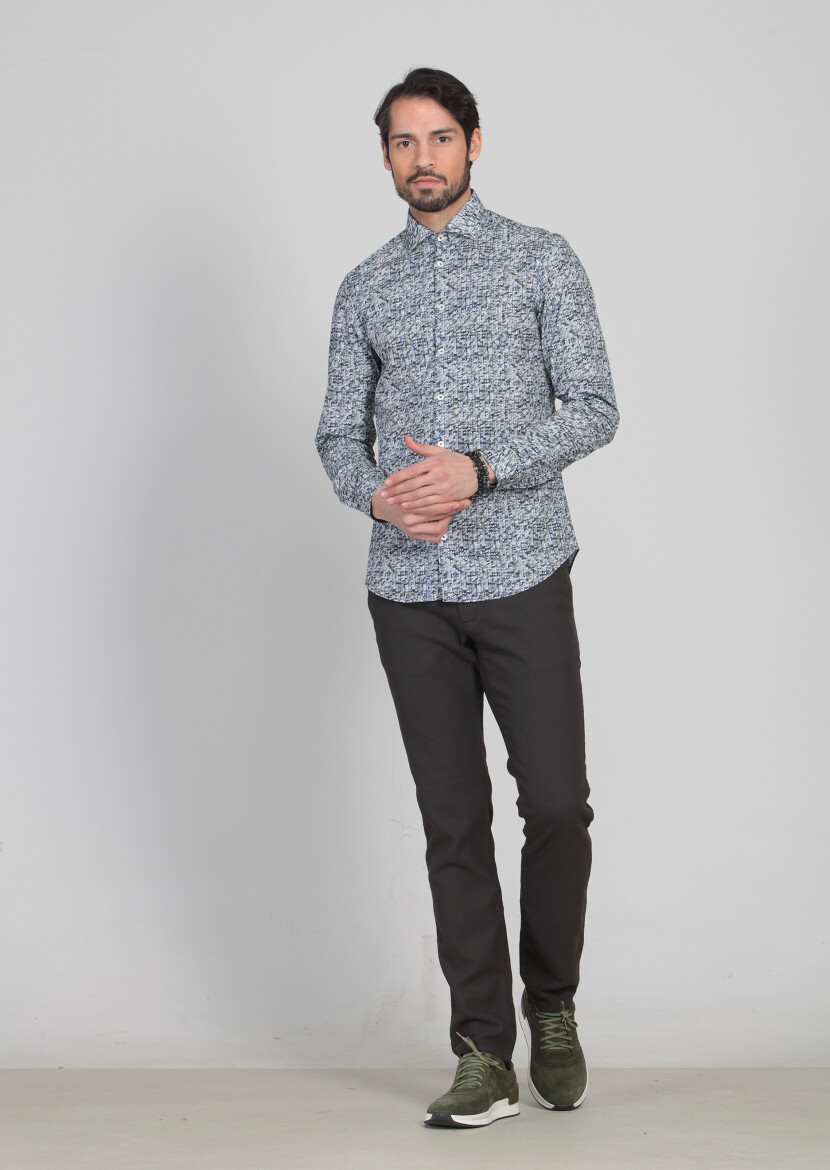Lacivert Baskılı Slim Fit Uzun Dokuma Casual %100 Pamuk Gömlek - 2