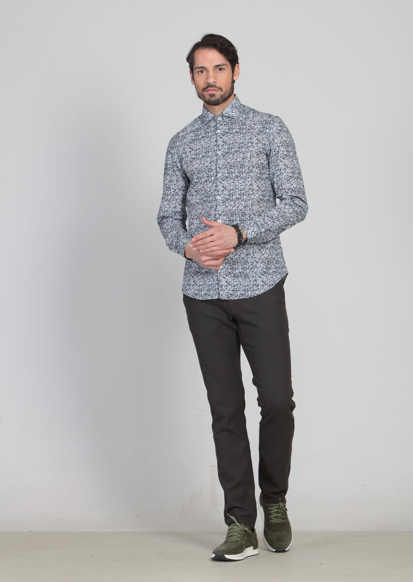 Lacivert Baskılı Slim Fit Uzun Dokuma Casual %100 Pamuk Gömlek - 2