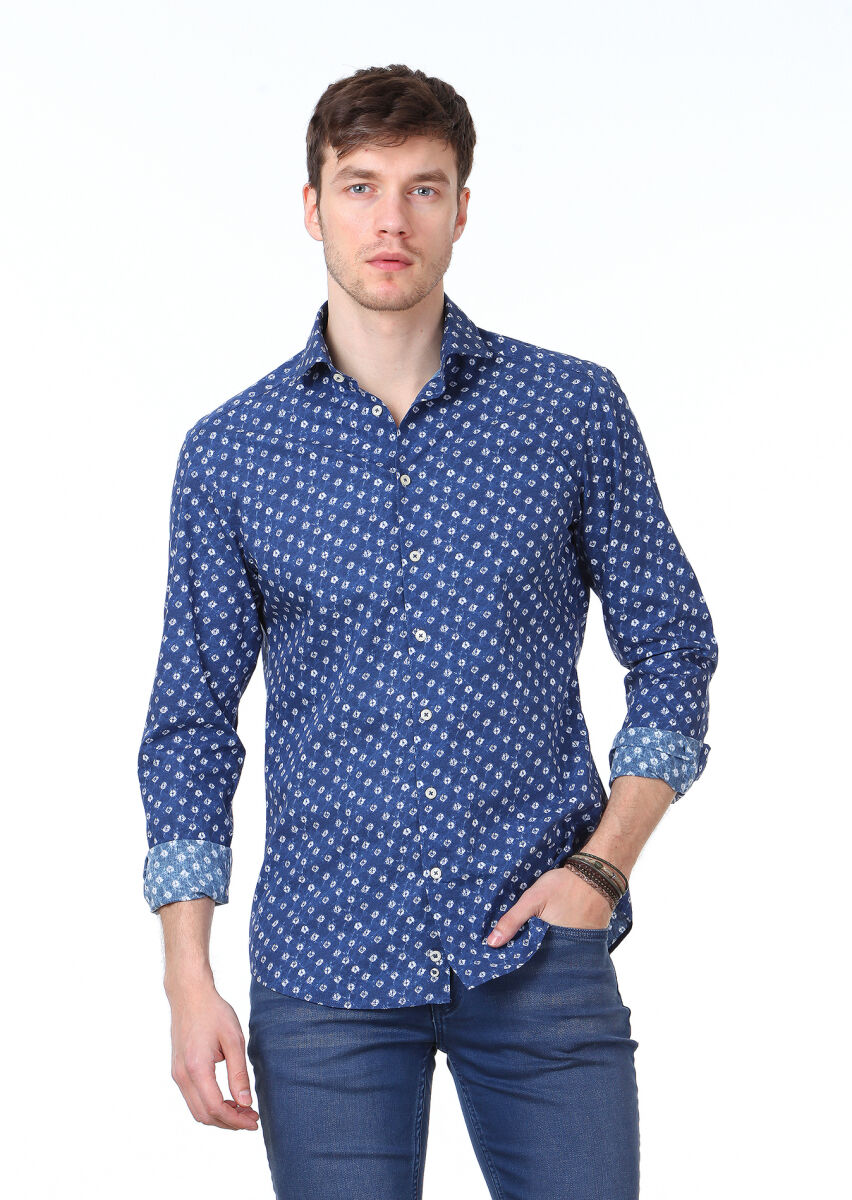 Lacivert Baskılı Slim Fit Uzun Dokuma Casual %100 Pamuk Gömlek - 1