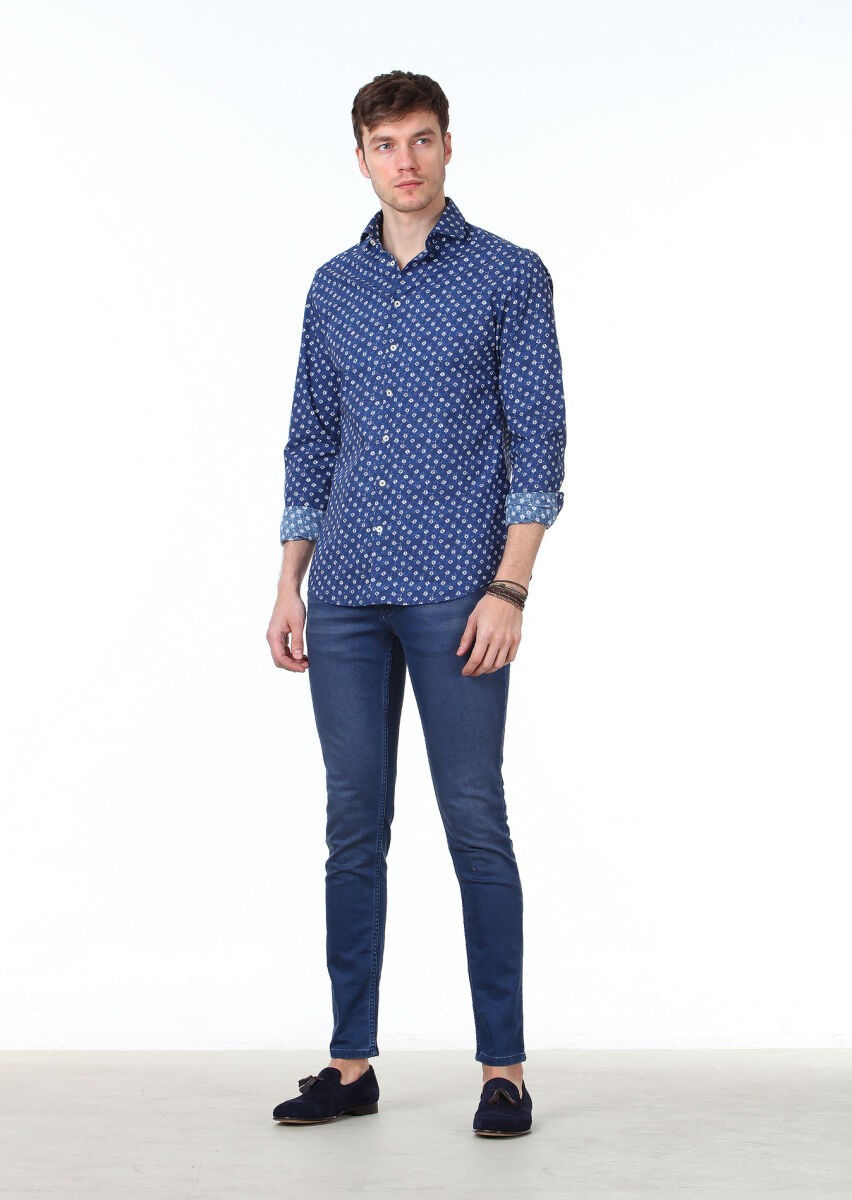 Lacivert Baskılı Slim Fit Uzun Dokuma Casual %100 Pamuk Gömlek - 2