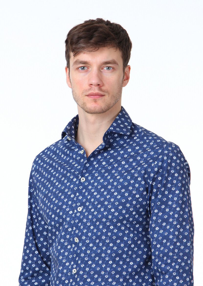 Lacivert Baskılı Slim Fit Uzun Dokuma Casual %100 Pamuk Gömlek - 3