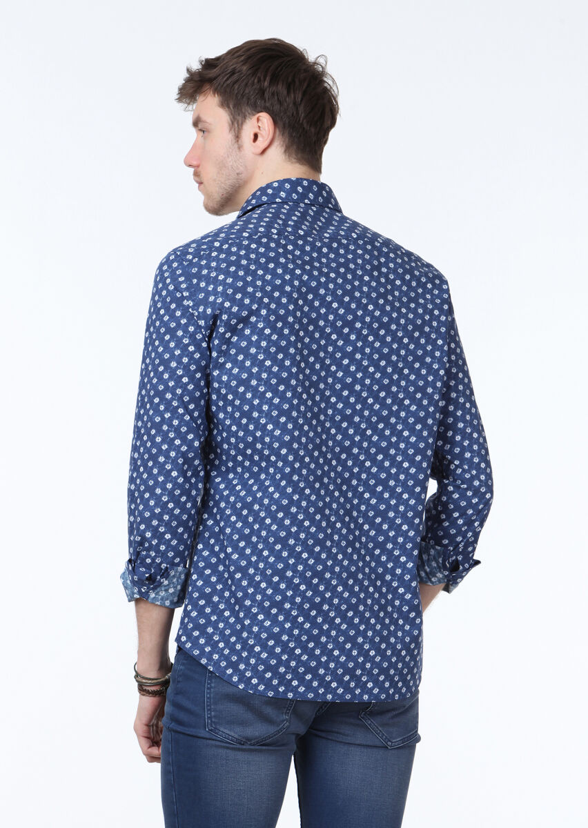 Lacivert Baskılı Slim Fit Uzun Dokuma Casual %100 Pamuk Gömlek - 4