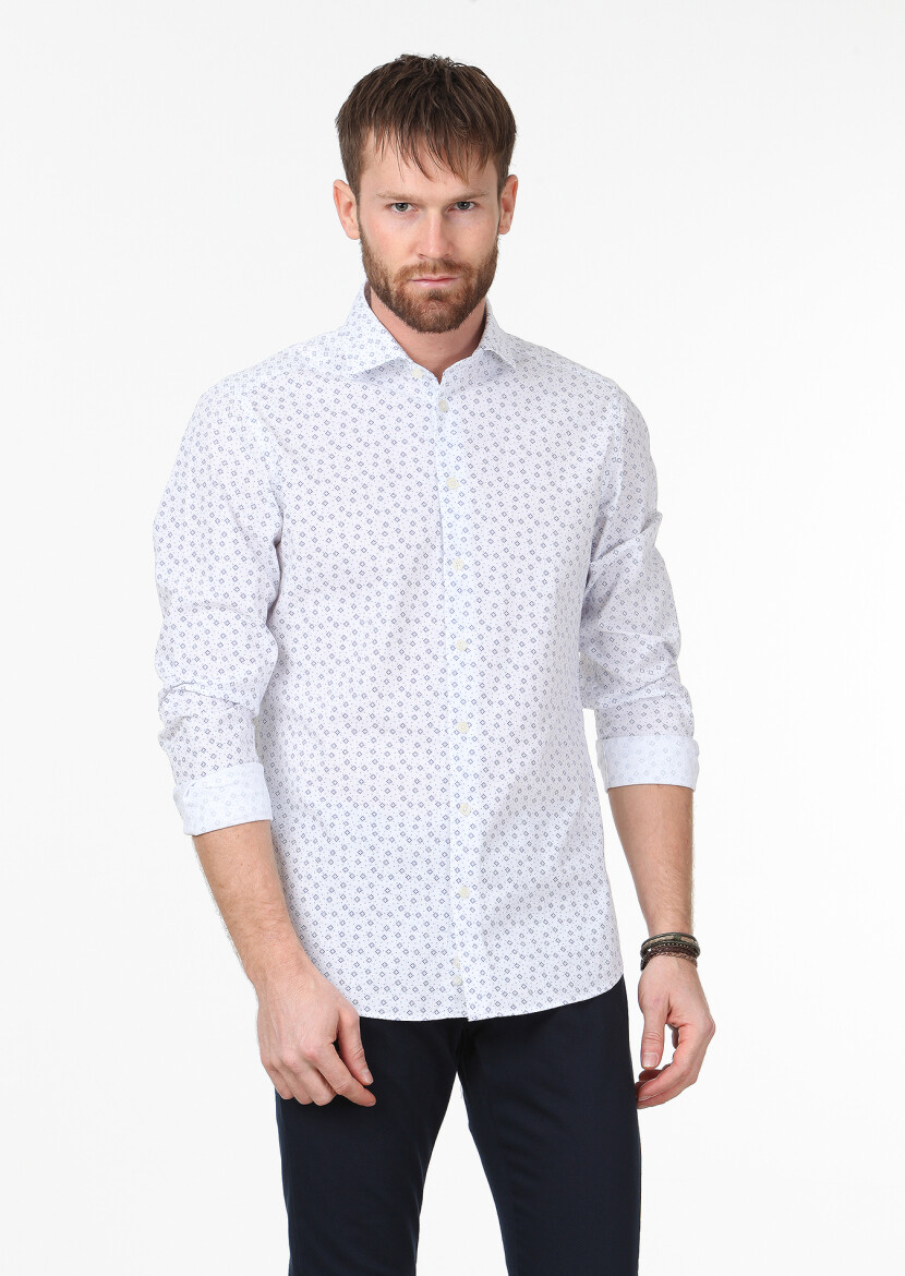 Lacivert Baskılı Slim Fit Uzun Dokuma Casual %100 Pamuk Gömlek - 1
