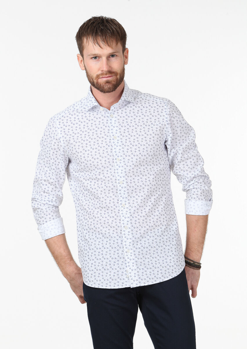 Lacivert Baskılı Slim Fit Uzun Dokuma Casual %100 Pamuk Gömlek - 2