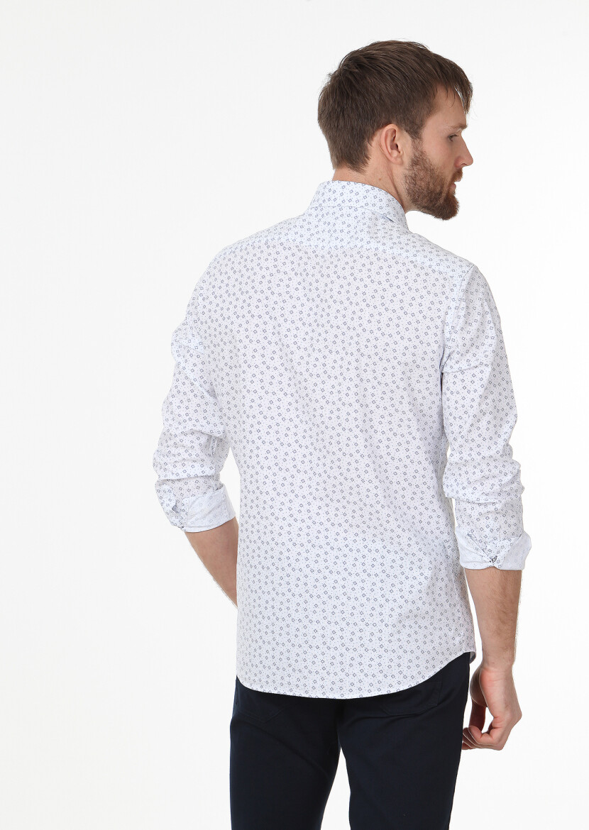 Lacivert Baskılı Slim Fit Uzun Dokuma Casual %100 Pamuk Gömlek - 3