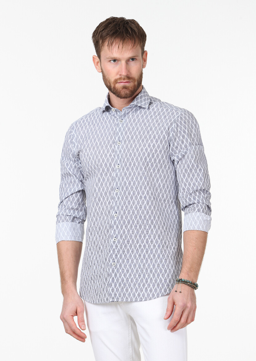 Lacivert Baskılı Slim Fit Uzun Dokuma Casual %100 Pamuk Gömlek - 1