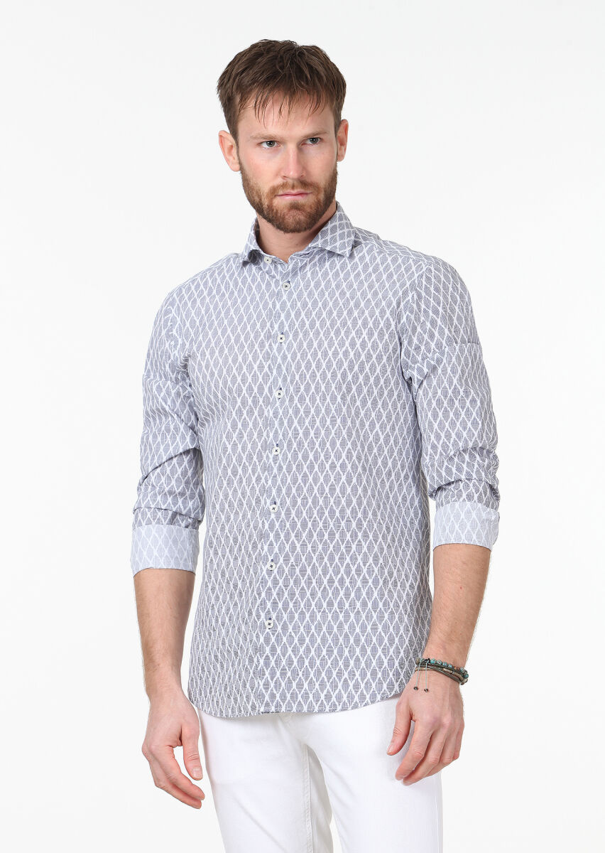 Lacivert Baskılı Slim Fit Uzun Dokuma Casual %100 Pamuk Gömlek - 1