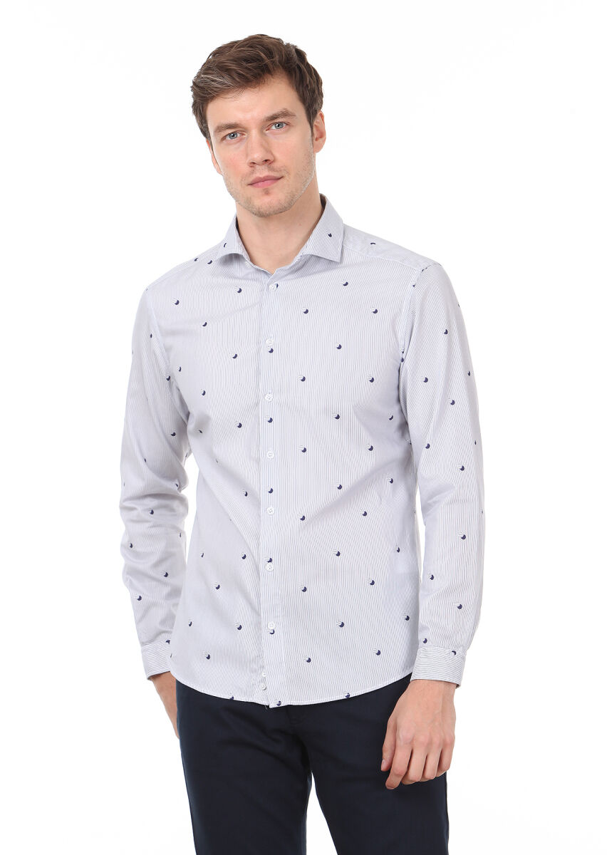 Lacivert Baskılı Slim Fit Uzun Dokuma Casual %100 Pamuk Gömlek - 1