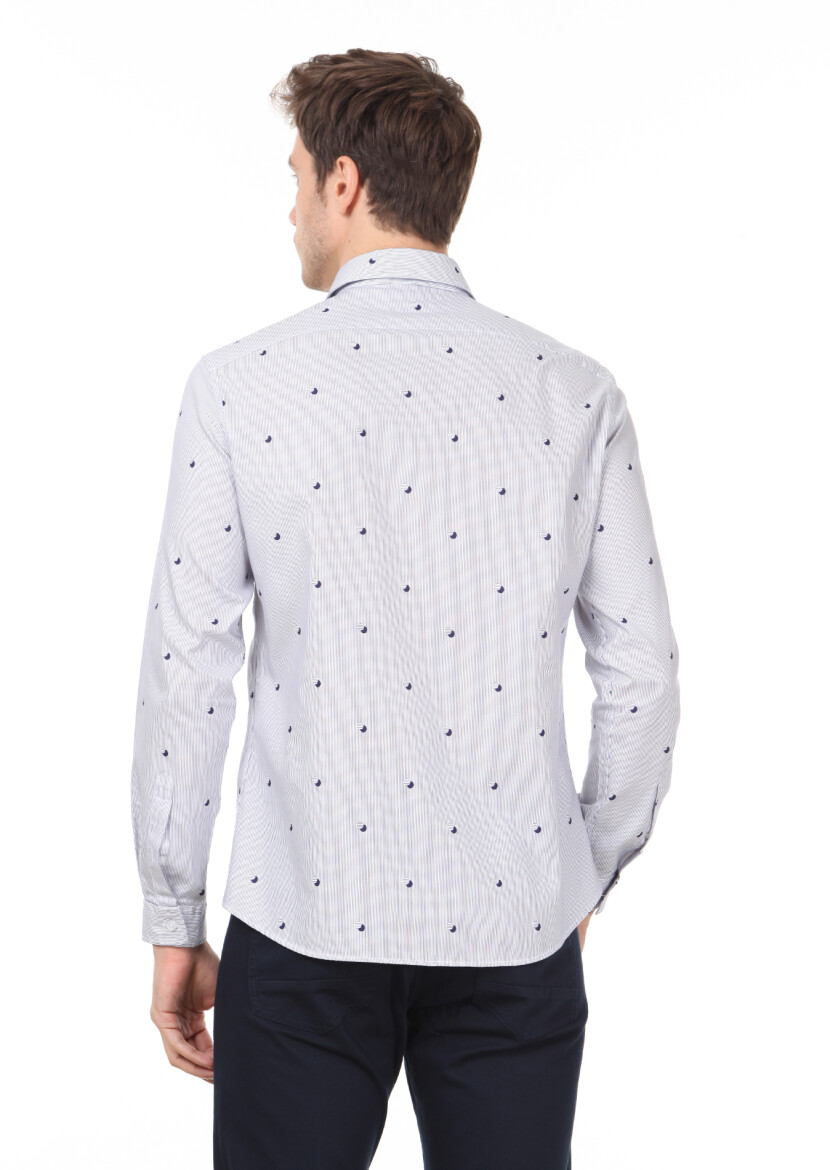 Lacivert Baskılı Slim Fit Uzun Dokuma Casual %100 Pamuk Gömlek - 4