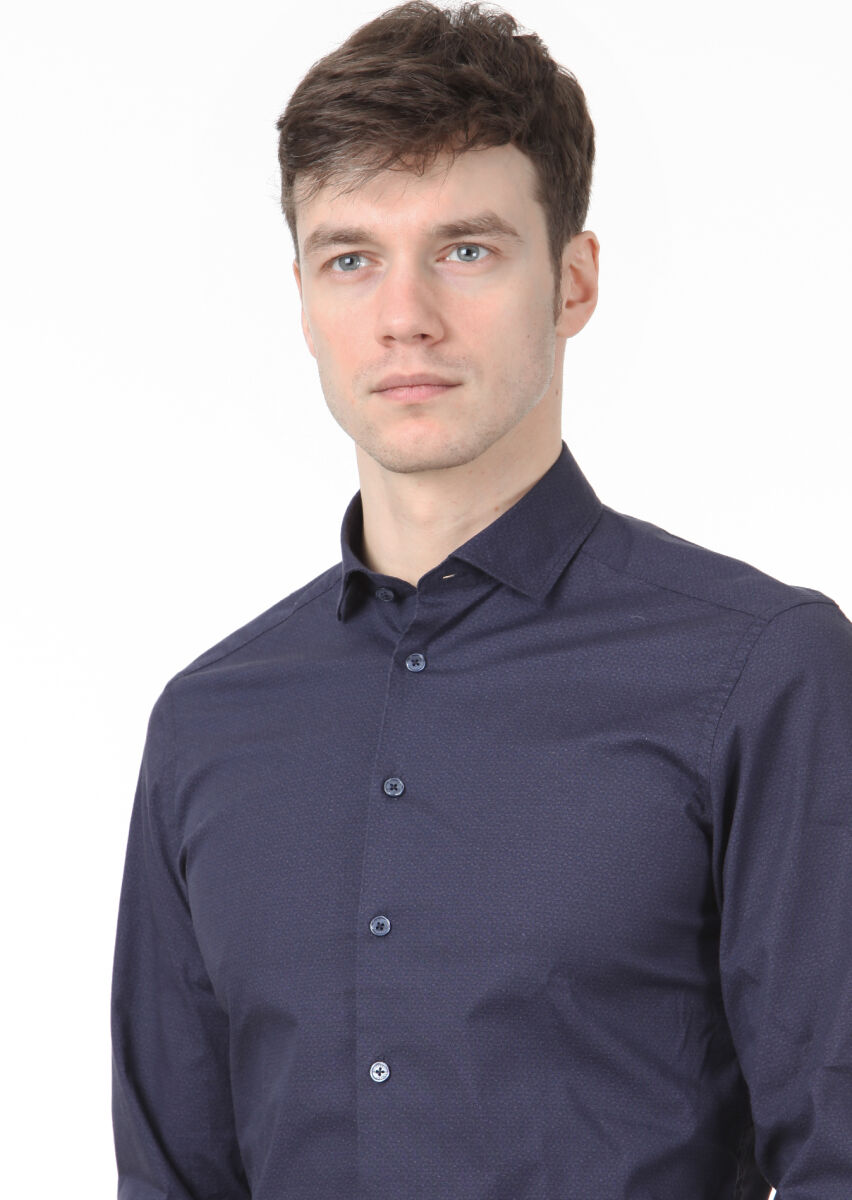Lacivert Baskılı Slim Fit Uzun Dokuma Casual %100 Pamuk Gömlek - 2