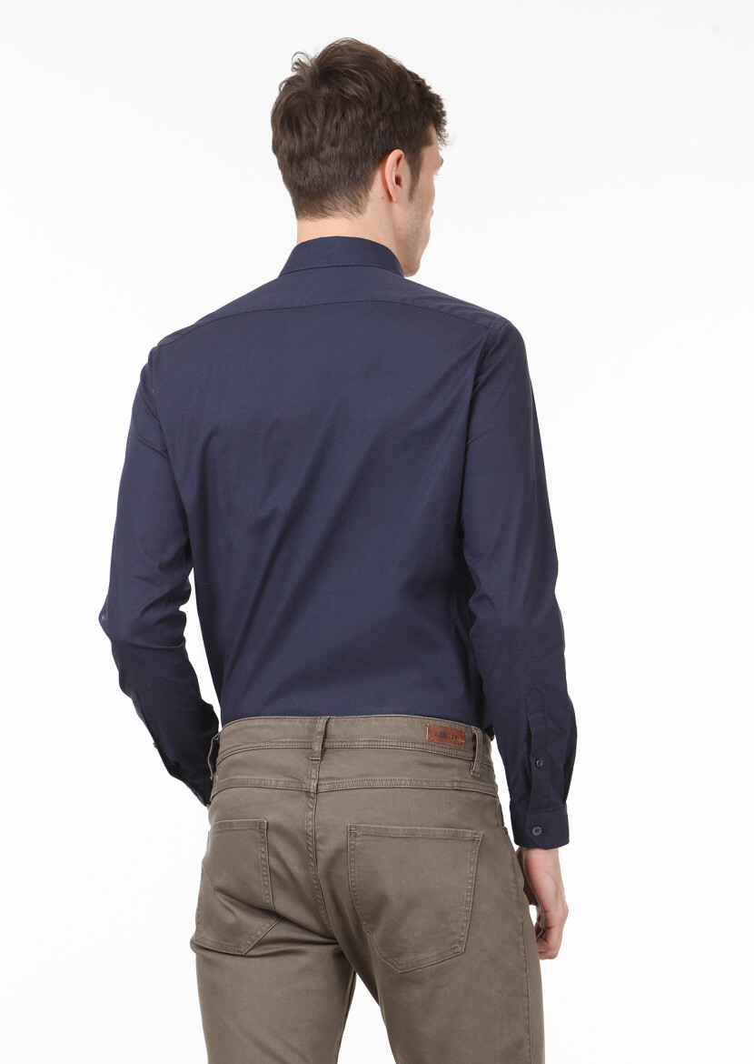 Lacivert Baskılı Slim Fit Uzun Dokuma Casual %100 Pamuk Gömlek - 4
