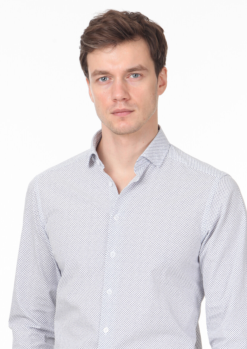 Lacivert Baskılı Slim Fit Uzun Dokuma Casual %100 Pamuk Gömlek - 2