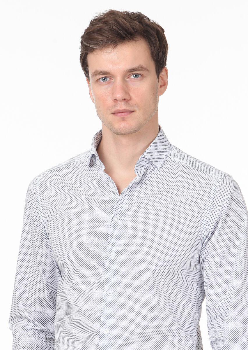 Lacivert Baskılı Slim Fit Uzun Dokuma Casual %100 Pamuk Gömlek - 2