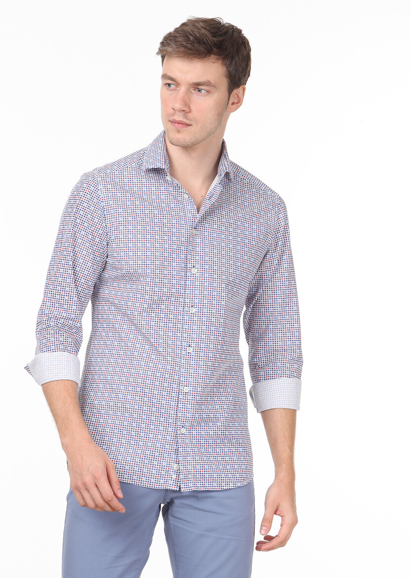 Lacivert Baskılı Slim Fit Uzun Dokuma Casual %100 Pamuk Gömlek - 1