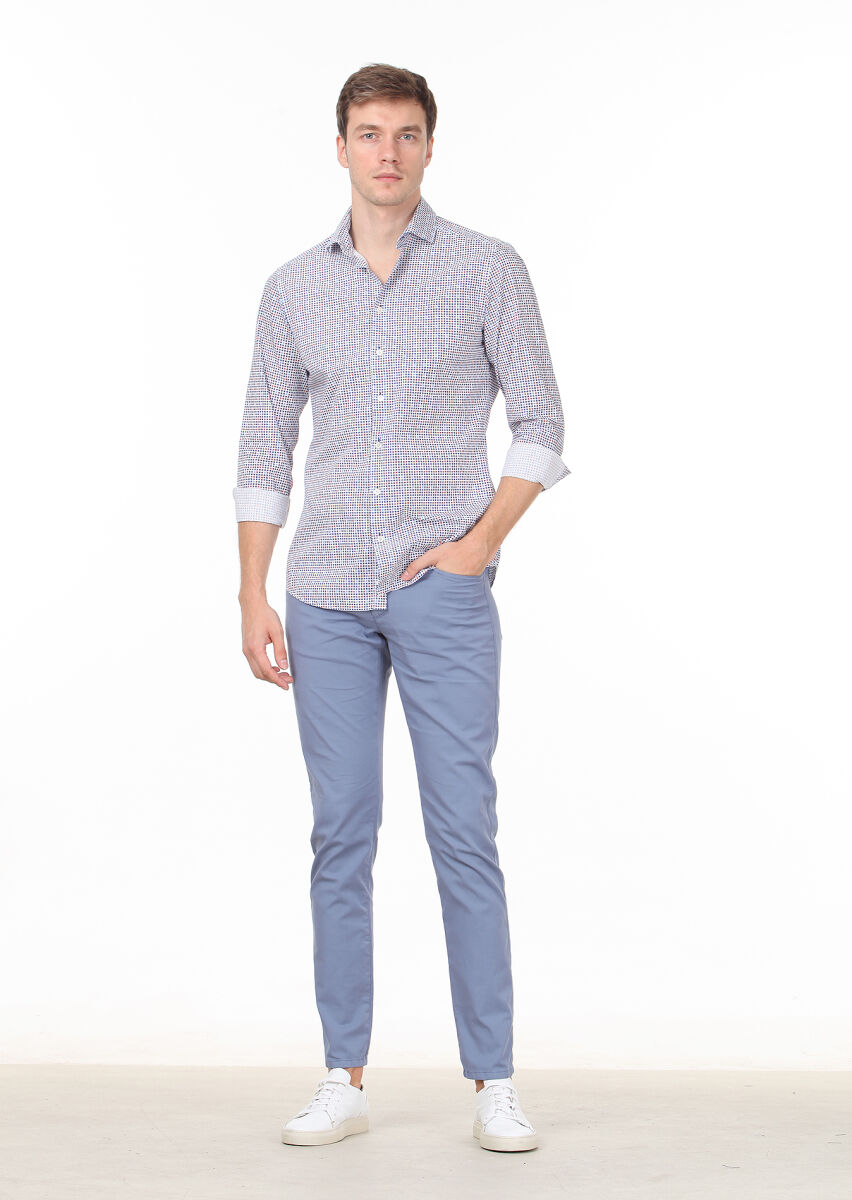 Lacivert Baskılı Slim Fit Uzun Dokuma Casual %100 Pamuk Gömlek - 2