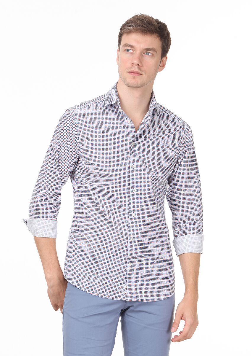 Lacivert Baskılı Slim Fit Uzun Dokuma Casual %100 Pamuk Gömlek - 3