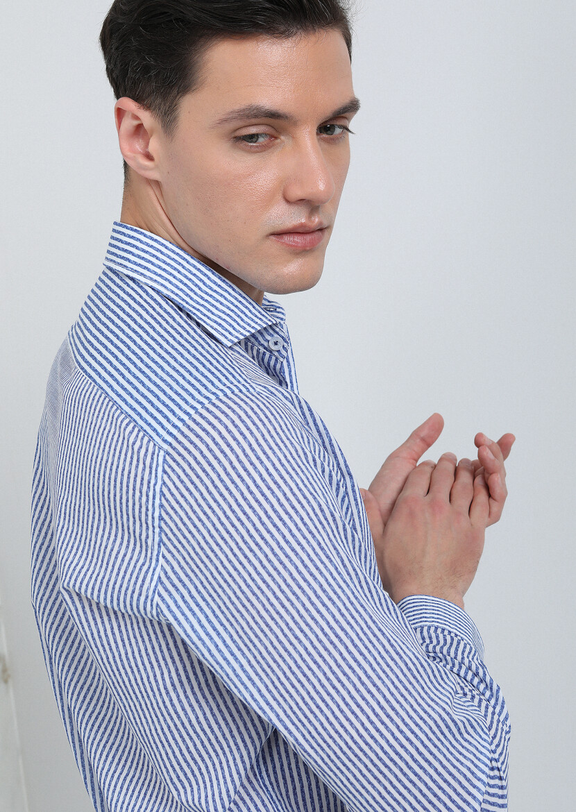 Lacivert Baskılı Slim Fit Uzun Dokuma Casual %100 Pamuk Gömlek - 3