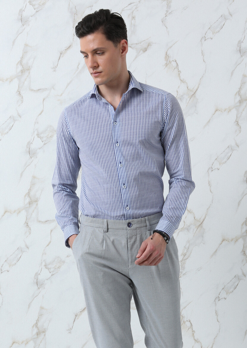 Lacivert Baskılı Slim Fit Uzun Dokuma Casual %100 Pamuk Gömlek - 4
