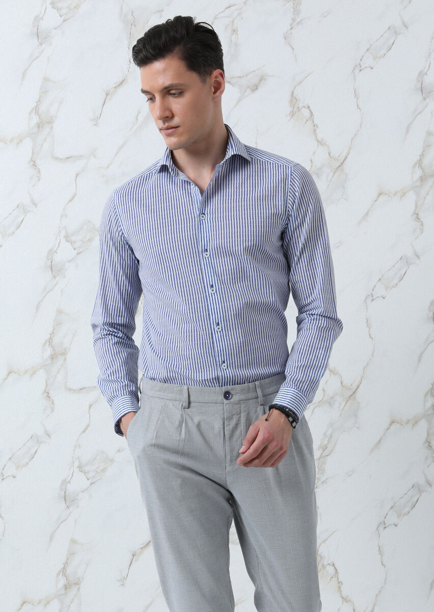 Lacivert Baskılı Slim Fit Uzun Dokuma Casual %100 Pamuk Gömlek - 4