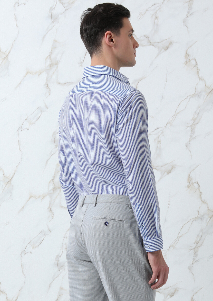 Lacivert Baskılı Slim Fit Uzun Dokuma Casual %100 Pamuk Gömlek - 5