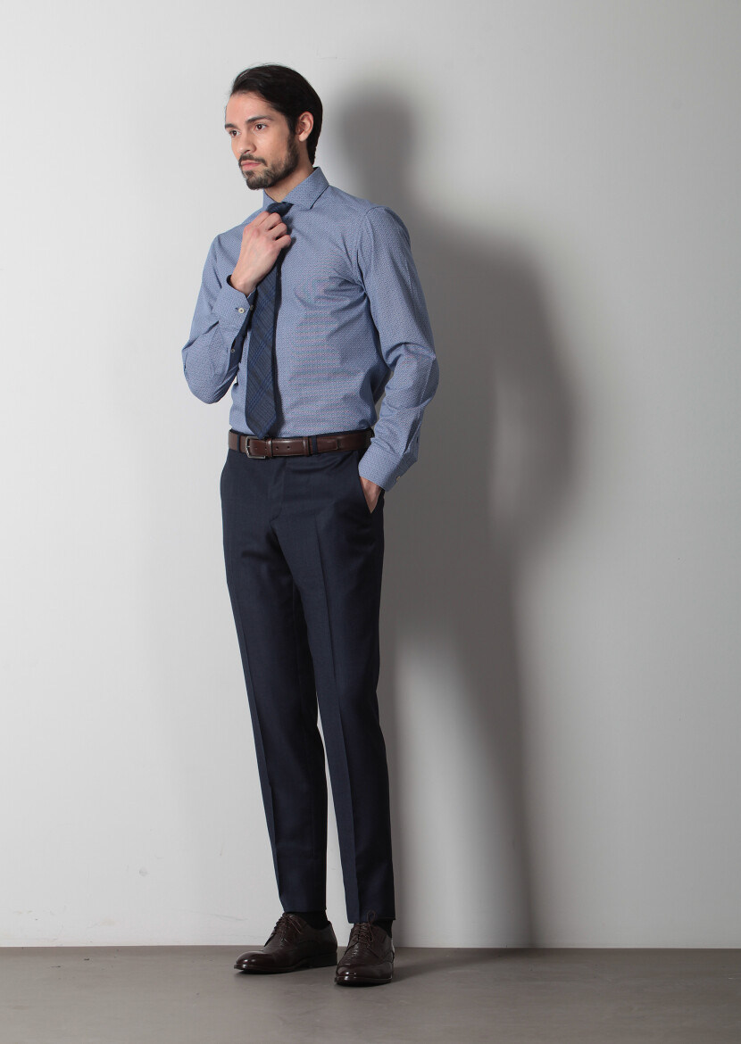 Lacivert Baskılı Slim Fit Uzun Dokuma Klasik %100 Pamuk Gömlek - 2