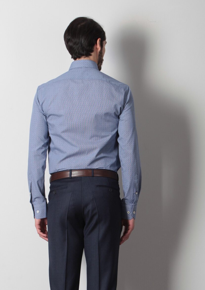 Lacivert Baskılı Slim Fit Uzun Dokuma Klasik %100 Pamuk Gömlek - 4