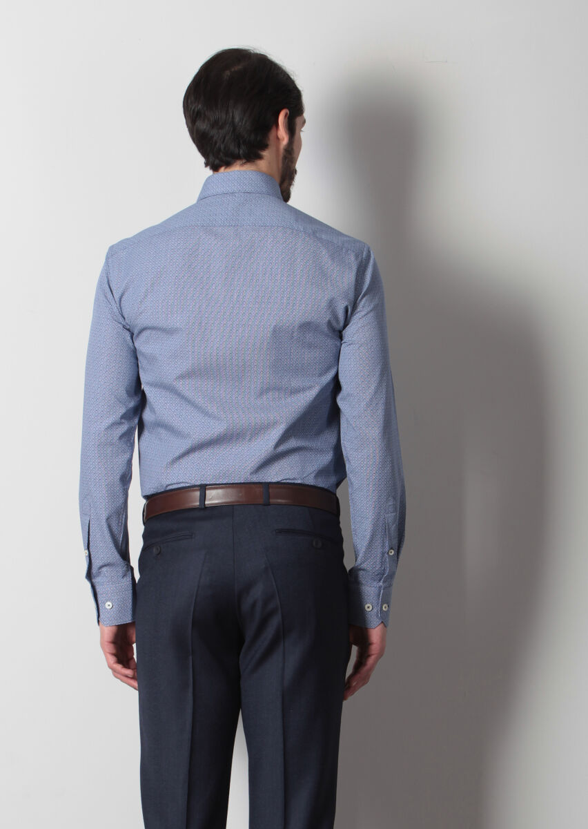 Lacivert Baskılı Slim Fit Uzun Dokuma Klasik %100 Pamuk Gömlek - 4