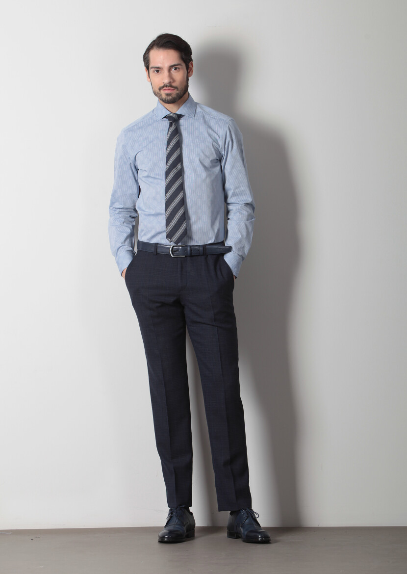 Lacivert Baskılı Slim Fit Uzun Dokuma Klasik %100 Pamuk Gömlek - 1