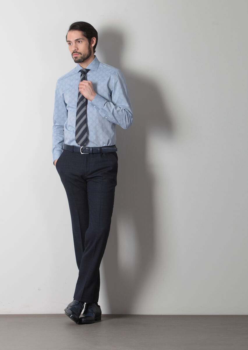 Lacivert Baskılı Slim Fit Uzun Dokuma Klasik %100 Pamuk Gömlek - 2