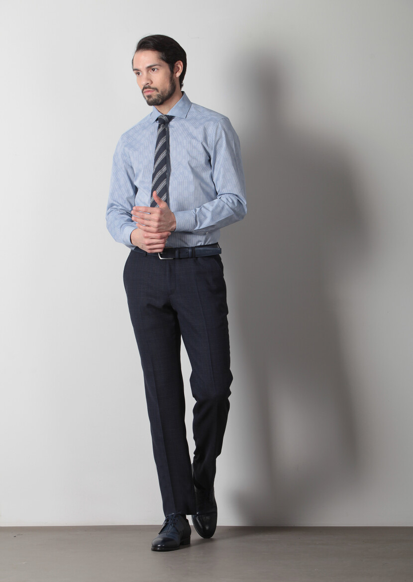Lacivert Baskılı Slim Fit Uzun Dokuma Klasik %100 Pamuk Gömlek - 3
