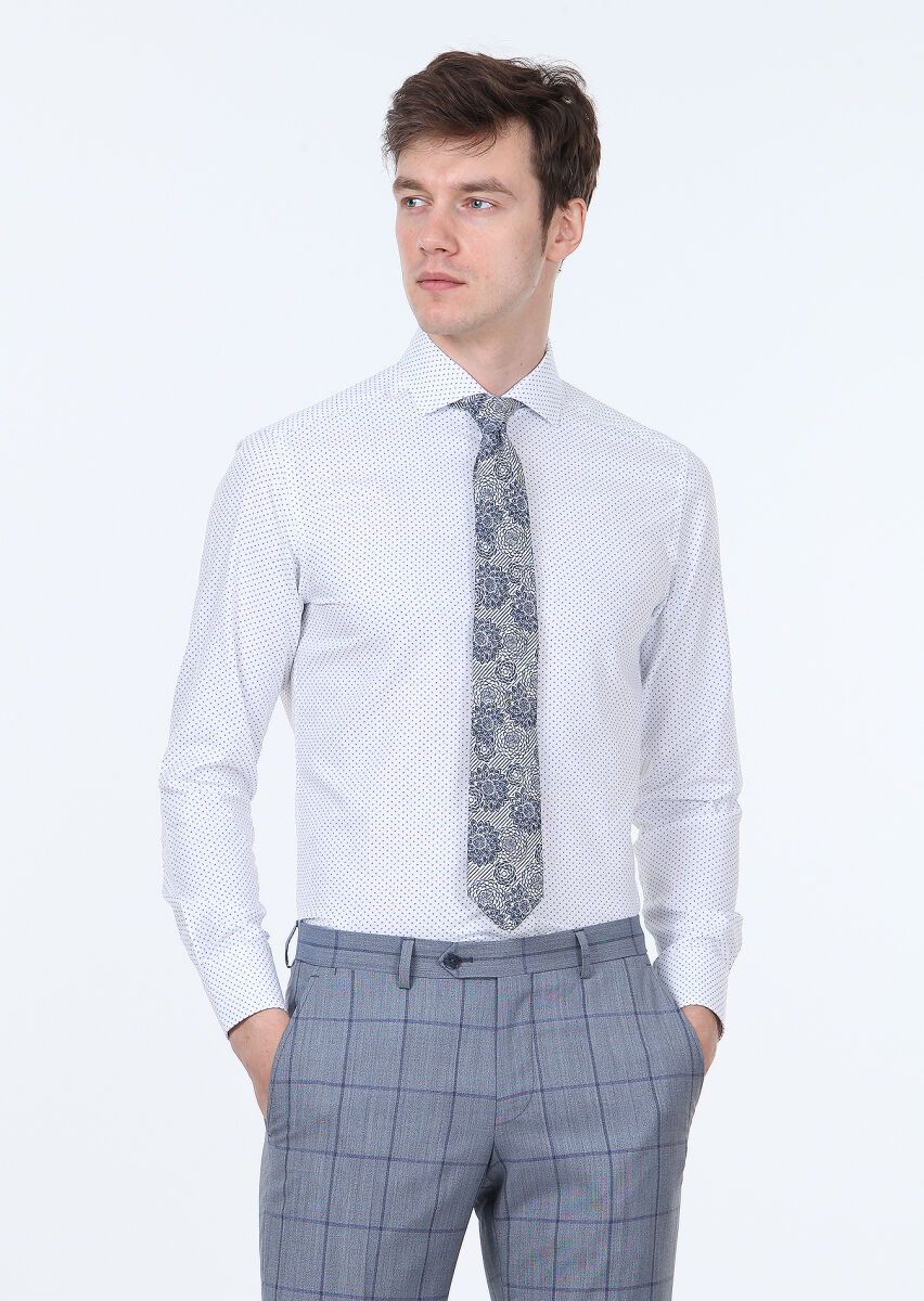 Lacivert Baskılı Slim Fit Uzun Dokuma Klasik %100 Pamuk Gömlek - 1