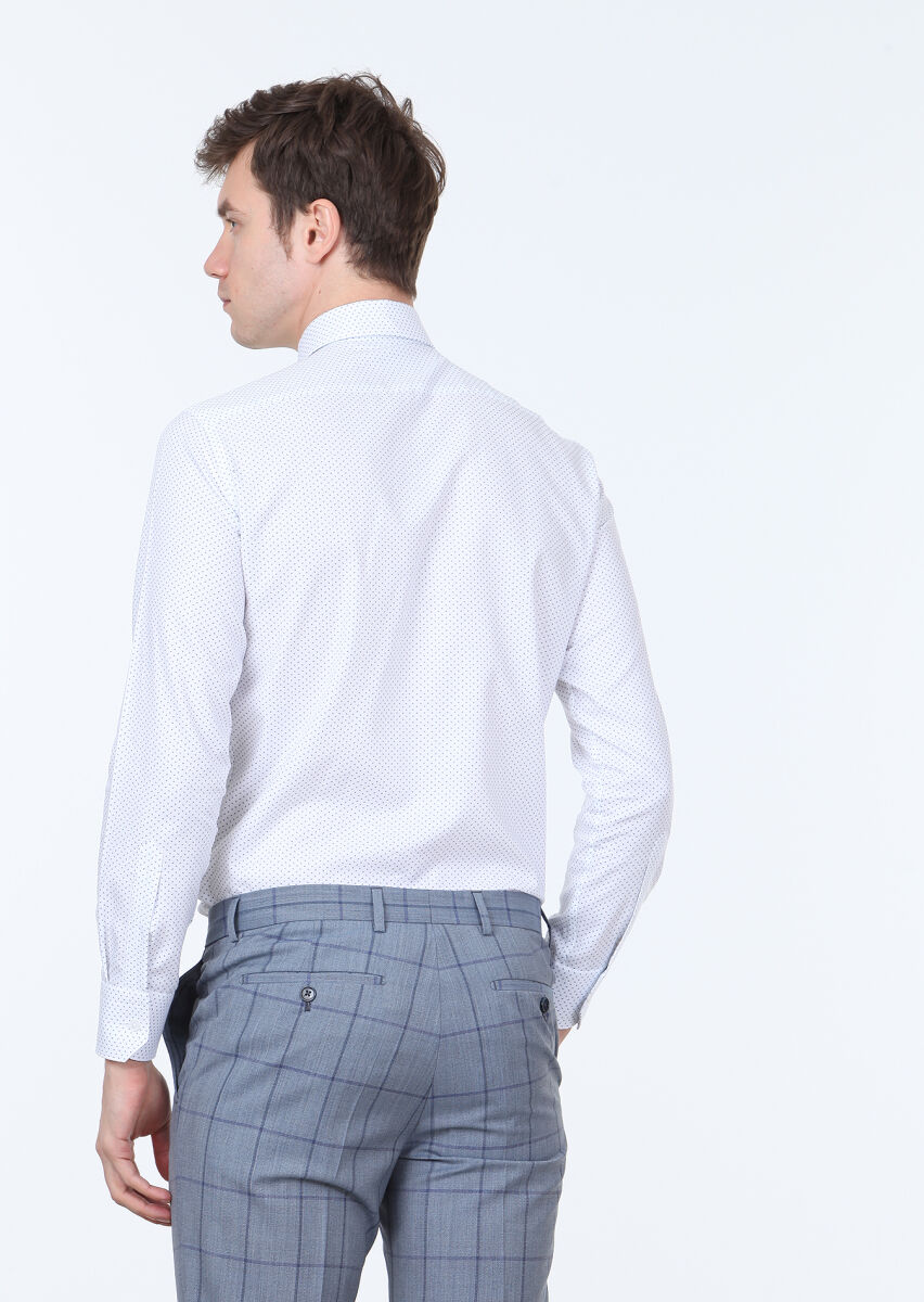 Lacivert Baskılı Slim Fit Uzun Dokuma Klasik %100 Pamuk Gömlek - 3