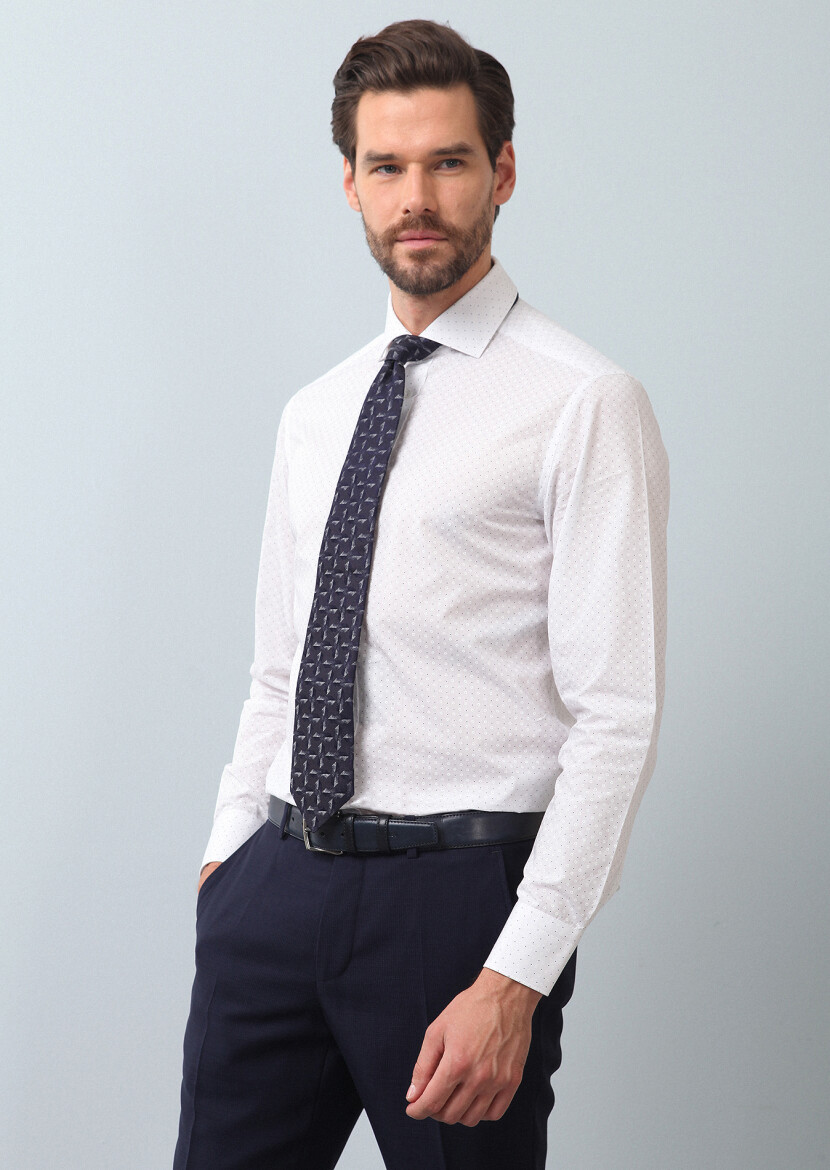 Lacivert Baskılı Slim Fit Uzun Dokuma Klasik %100 Pamuk Gömlek - 1