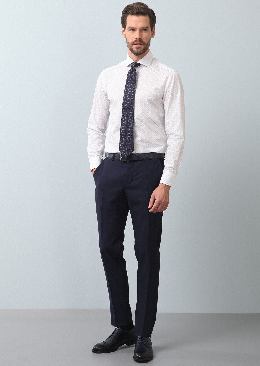 Lacivert Baskılı Slim Fit Uzun Dokuma Klasik %100 Pamuk Gömlek - 3