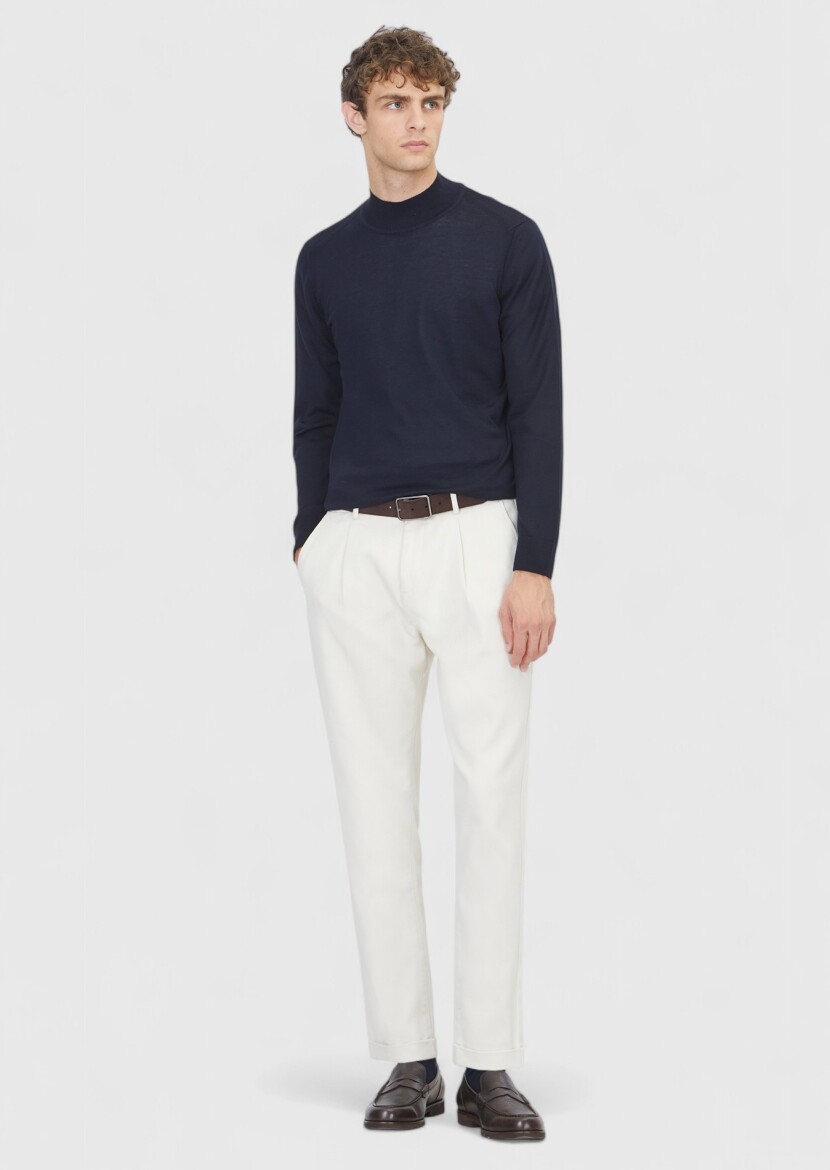 Lacivert Bato Yaka Düz Örgü Yün Karışımlı Triko Kazak 