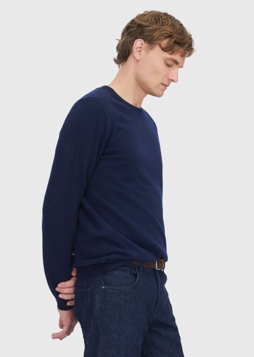 Lacivert Bisiklet Yaka Düz Örgü %100 Kaşmir Triko Kazak - 3