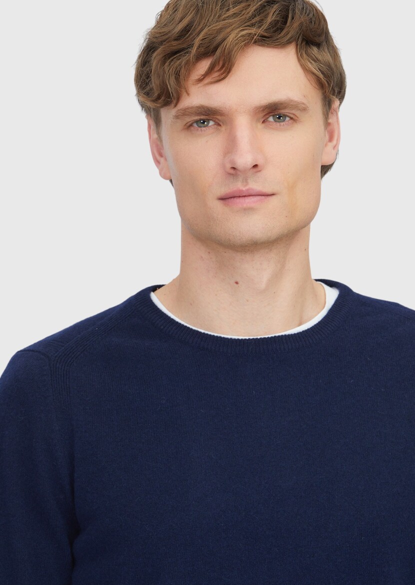 Lacivert Bisiklet Yaka Düz Örgü %100 Kaşmir Triko Kazak - 4