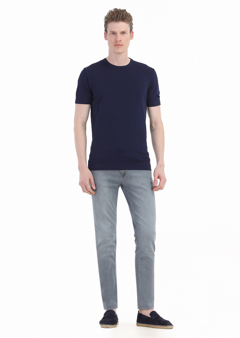 Lacivert Bisiklet Yaka Düz Örgü Triko 