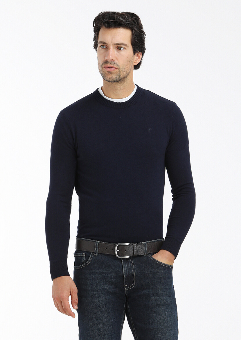 Lacivert Bisiklet Yaka Düz Örgü Yün Karışımlı Triko Kazak 