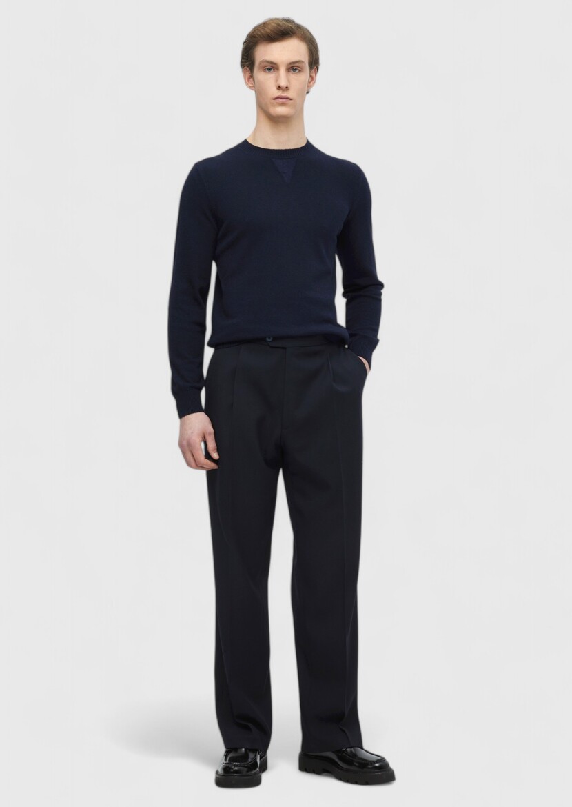 Lacivert Bisiklet Yaka Düz Örgü Yün Karışımlı Triko Kazak - RAMSEY