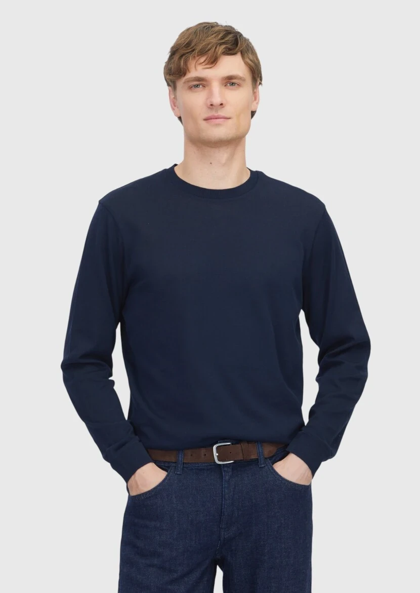 Lacivert Bisiklet Yaka Düz Sweatshırt - 1