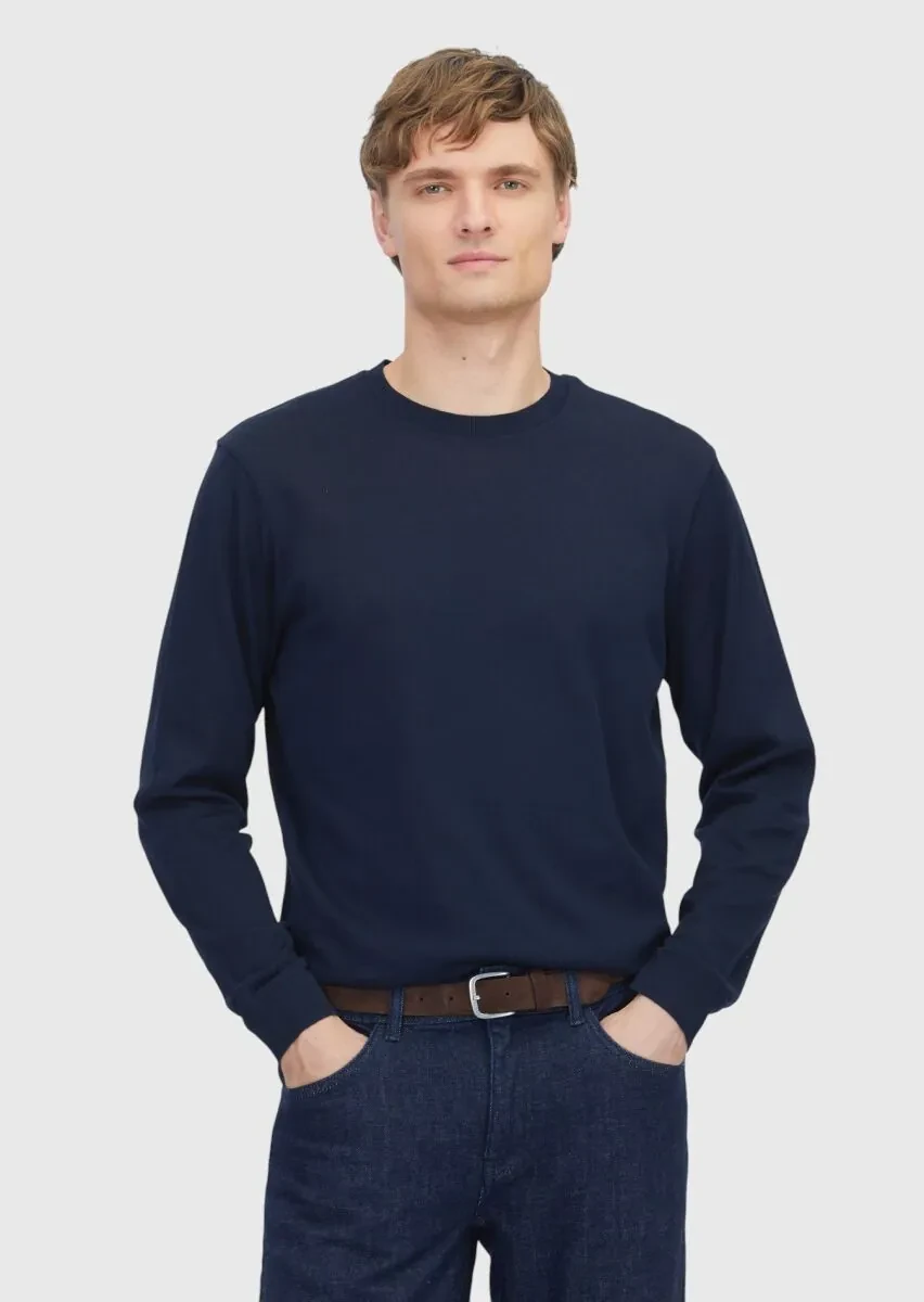 Lacivert Bisiklet Yaka Düz Sweatshırt - 1