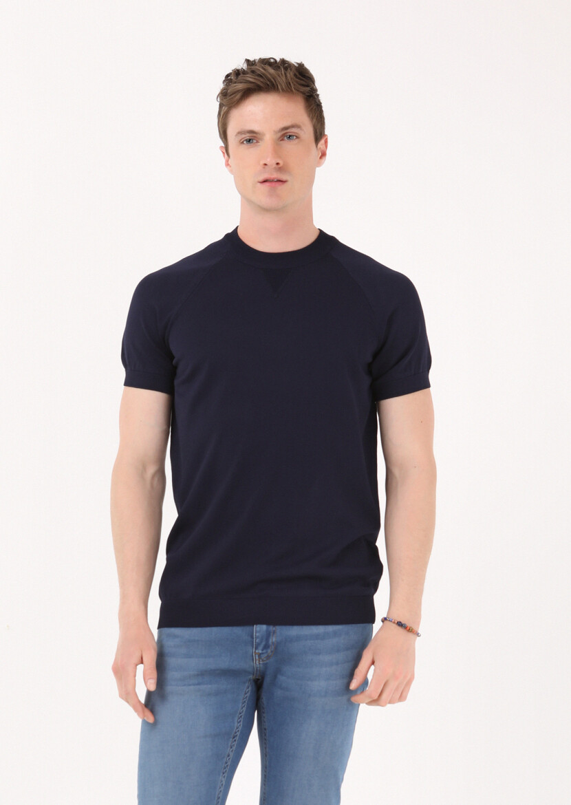 Lacivert Bisiklet Yaka Jakarlı Triko - 1